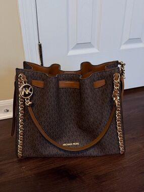 Michael Kors Brown Logo-Print Shoulder Bag with Gold Chain Trim